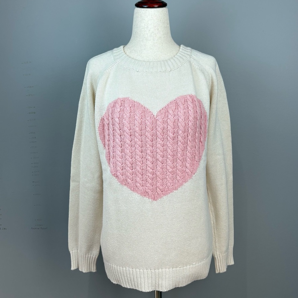 Mak Sweater S Cream Powder Pink Cable Knit Heart 🩷 Oversized Fit Valentine’s Day
